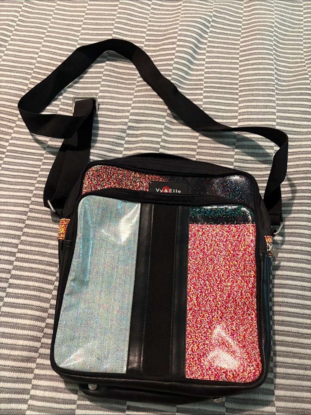 Vera Pelle Glitter Panel Crossbody in Black with Pink and Light Blue Accents